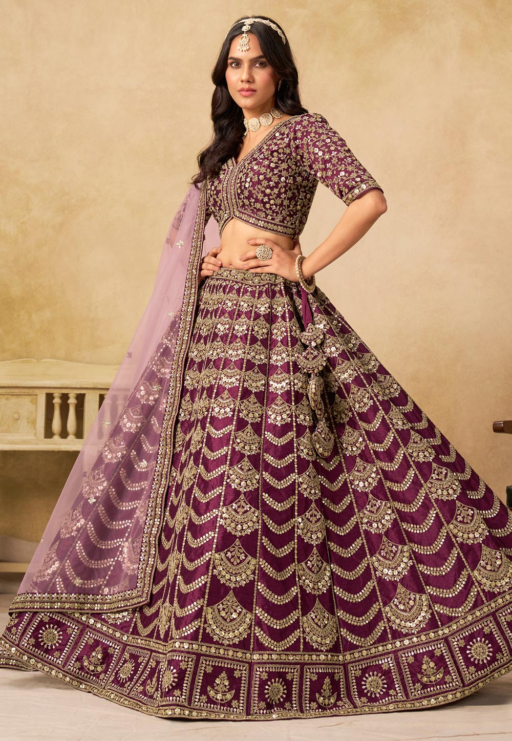 Wine Art Silk Circular Lehenga Choli 319191