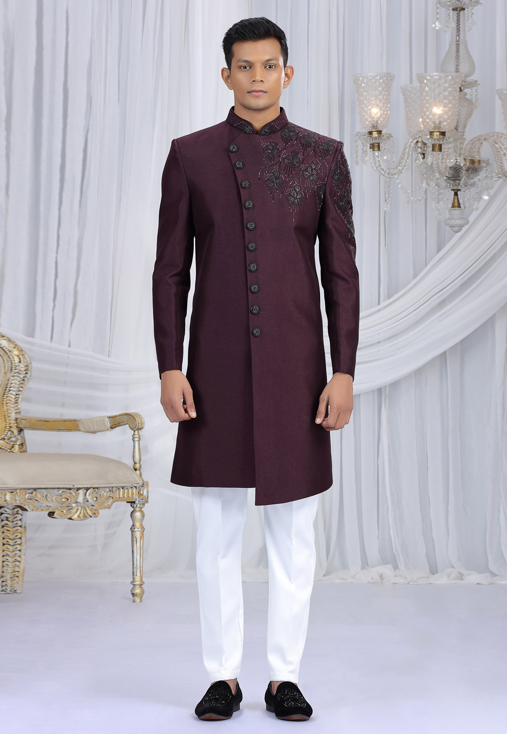 Wine Art Silk Indo Western Sherwani 319058