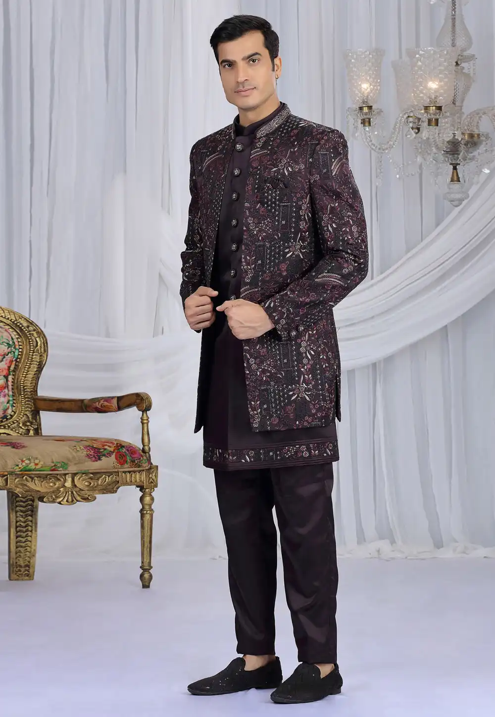 Wine Art Silk Indo Western Suit 319047