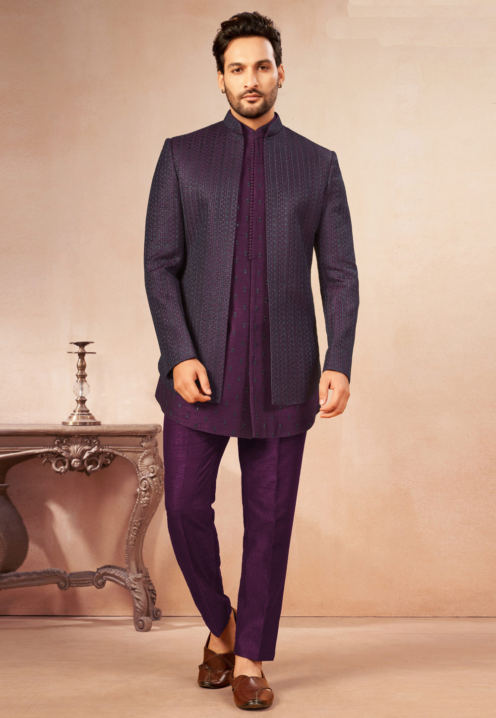 Wine Art Silk Indo Western Suit 325621