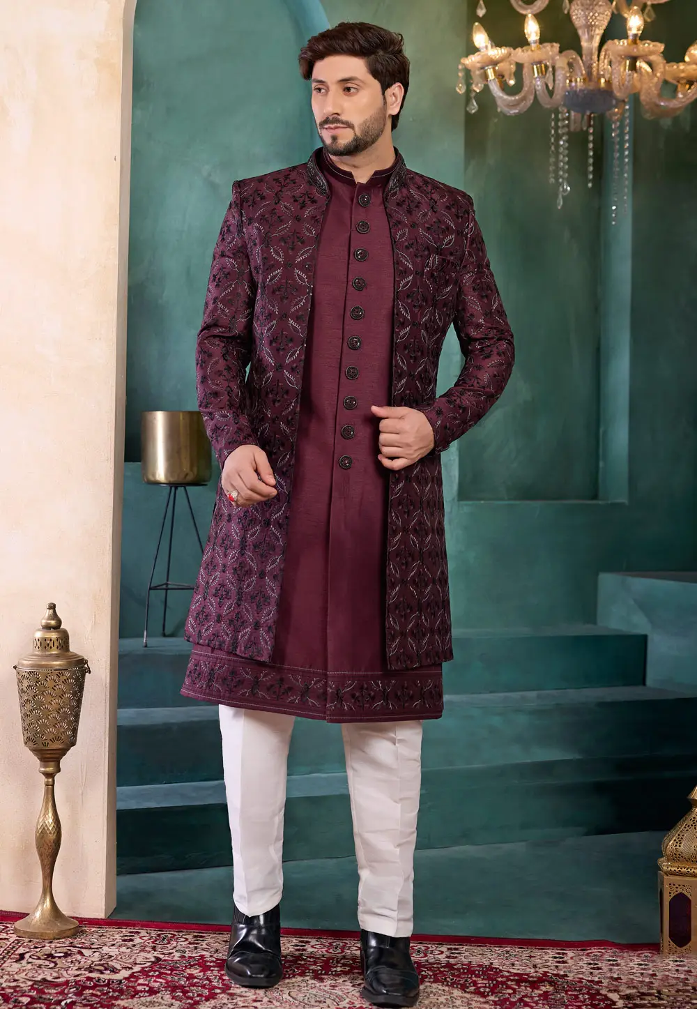 Wine Art Silk Indo Western Suit 335924