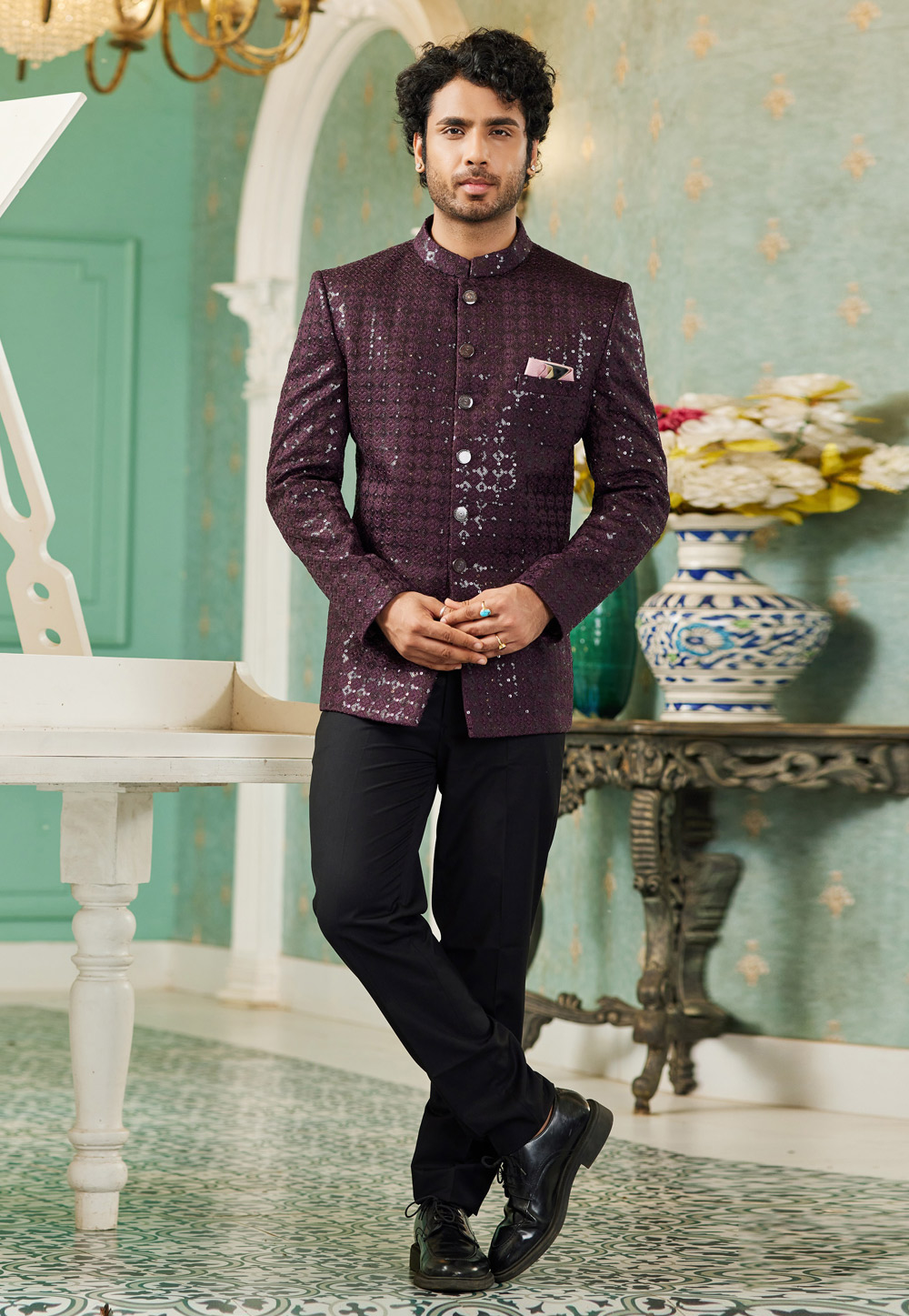 Wine Art Silk Jodhpuri Suit 278296