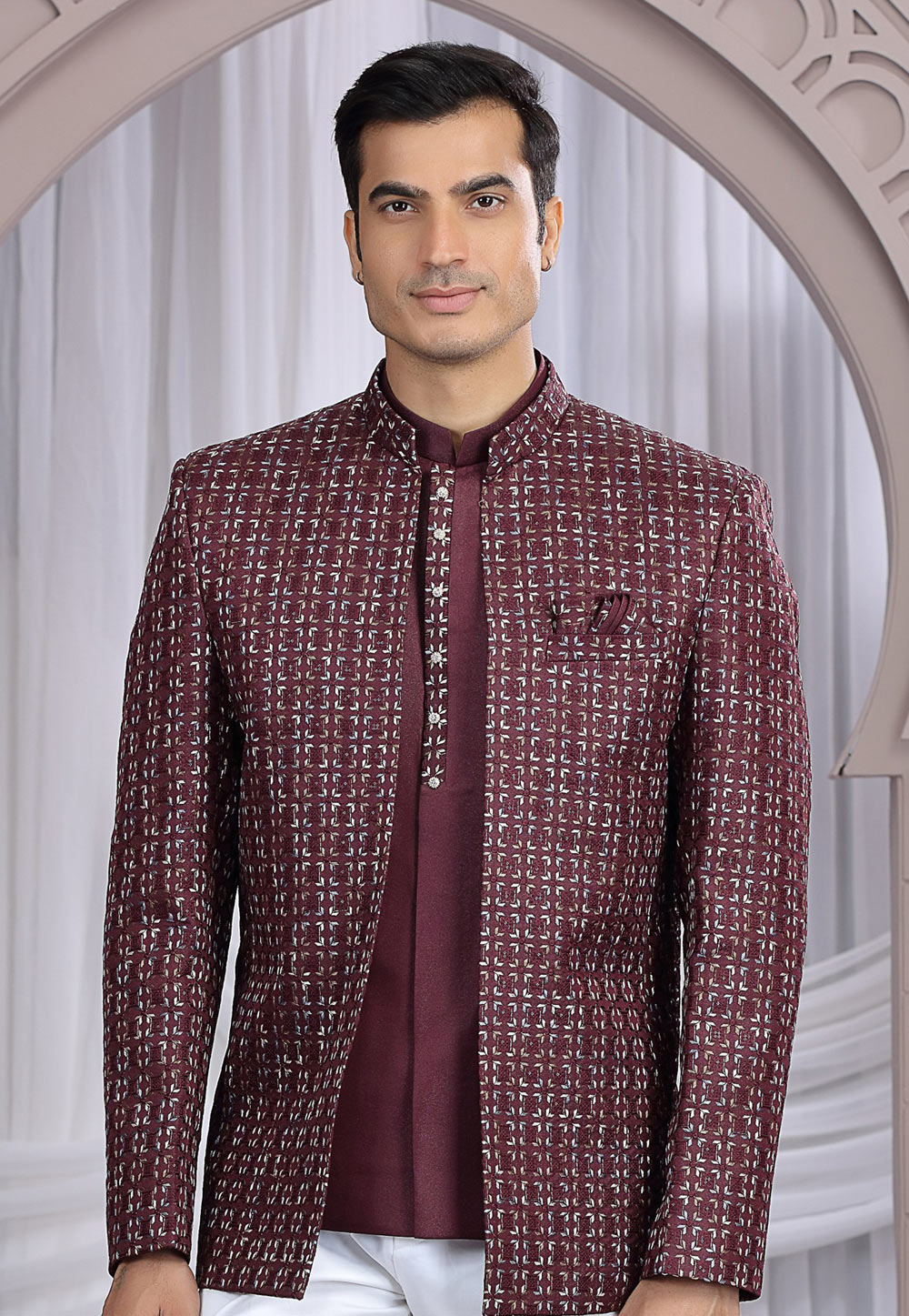 Wine Art Silk Jodhpuri Suit 319139