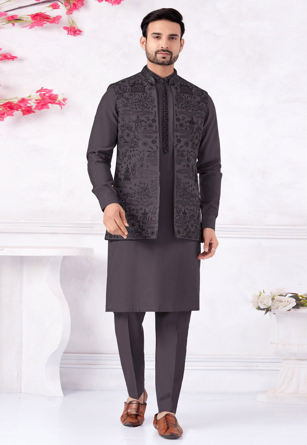 Wine Art Silk Kurta Pajama With Jacket 322305