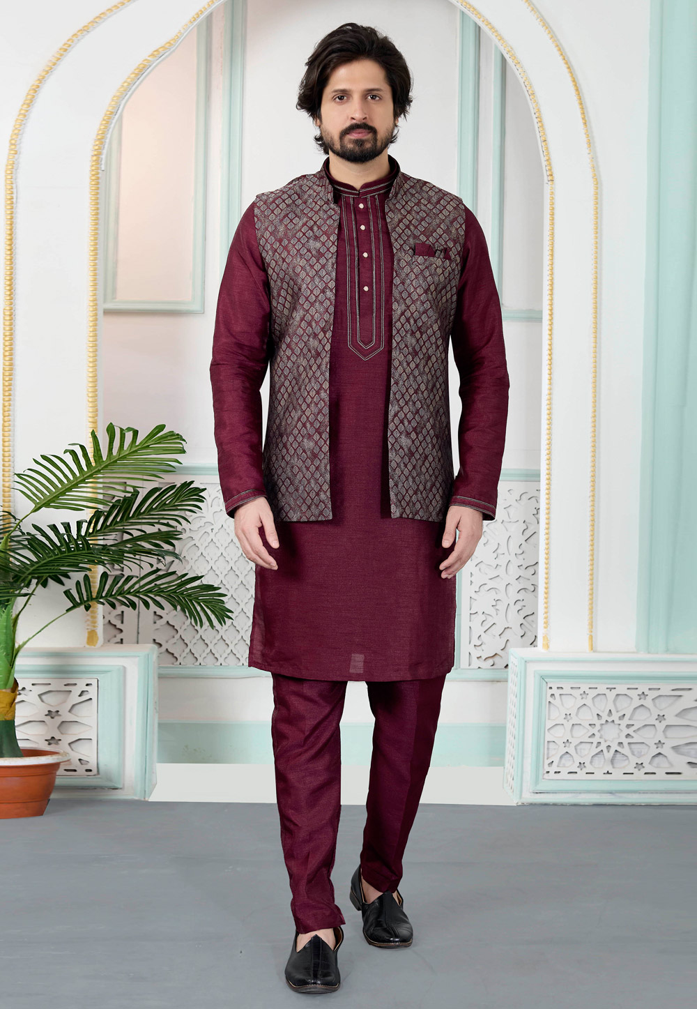 Wine Art Silk Kurta Pajama With Jacket 323371