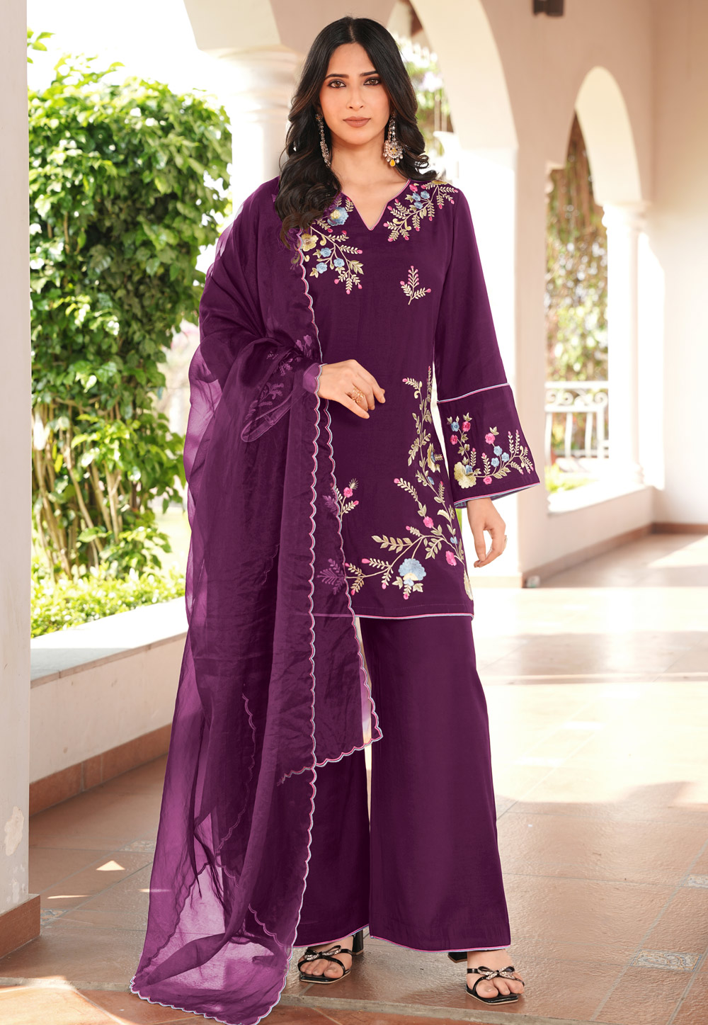 Wine Art Silk Readymade Pakistani Suit 325035