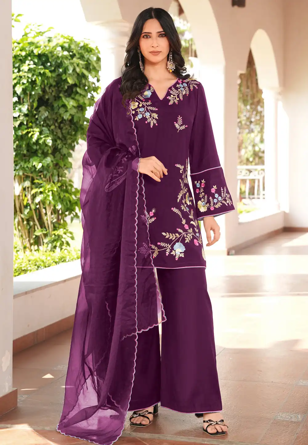 Wine Art Silk Readymade Pakistani Suit 325035
