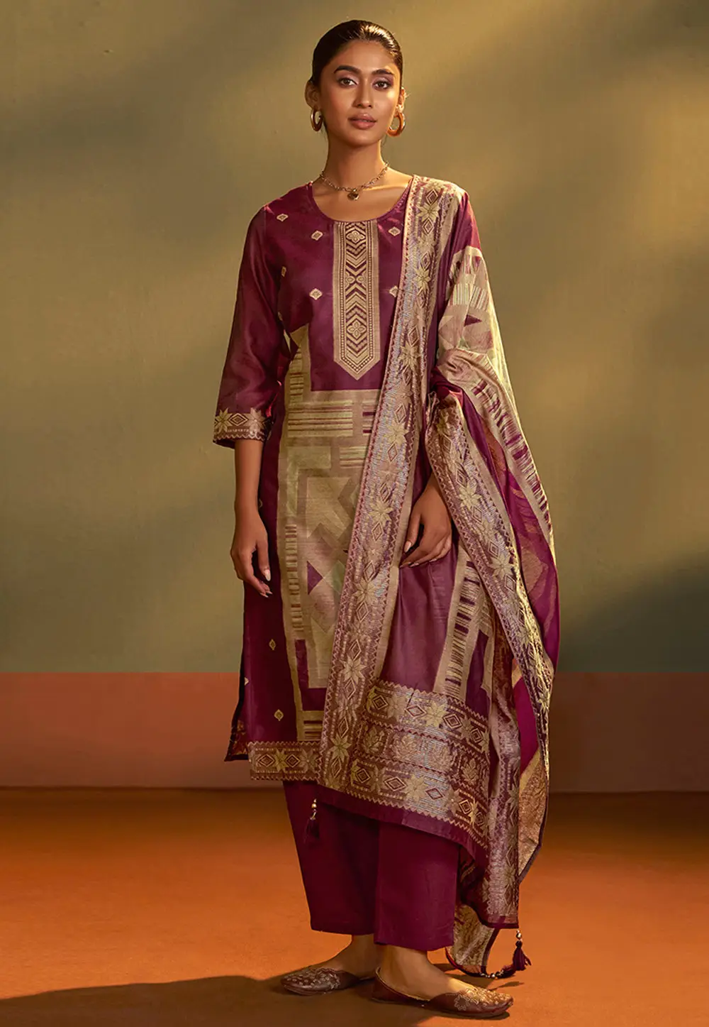 Wine Art Silk Readymade Pant Style Suit 334188