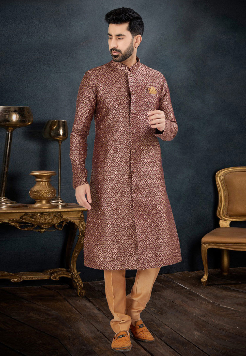 Wine Banarasi Jacquard Indo Western Suit 282509