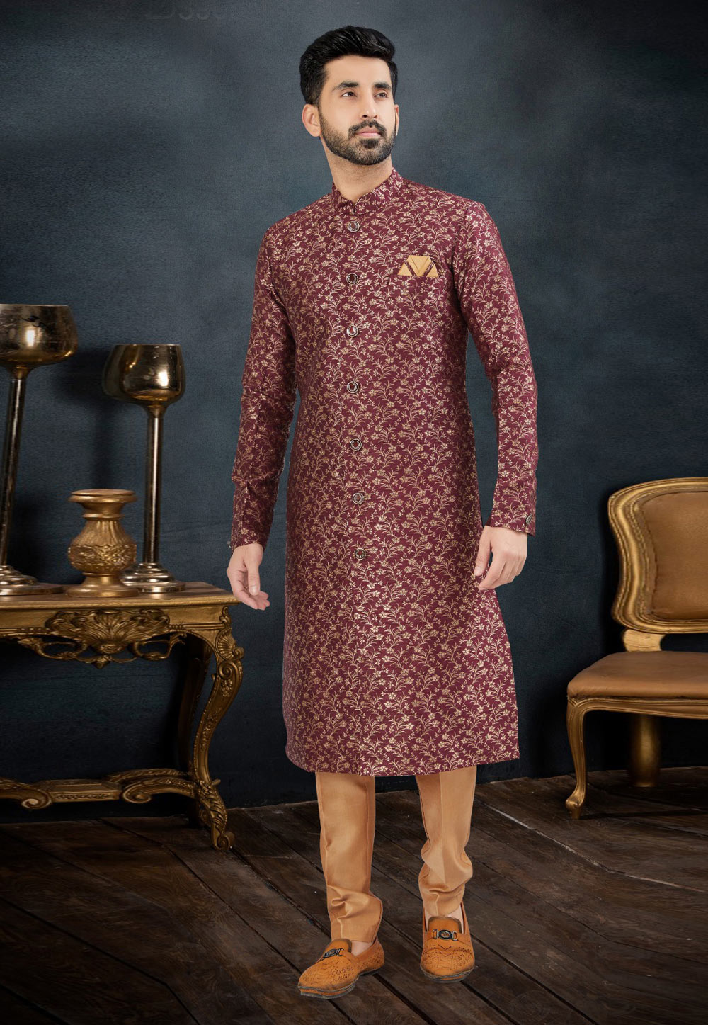 Wine Banarasi Jacquard Indo Western Suit 282511