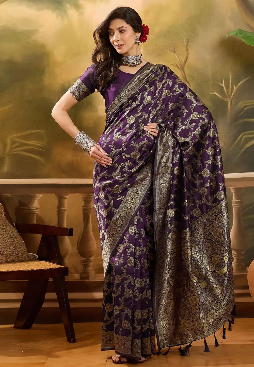 Wine Banarasi Jacquard Saree 316803
