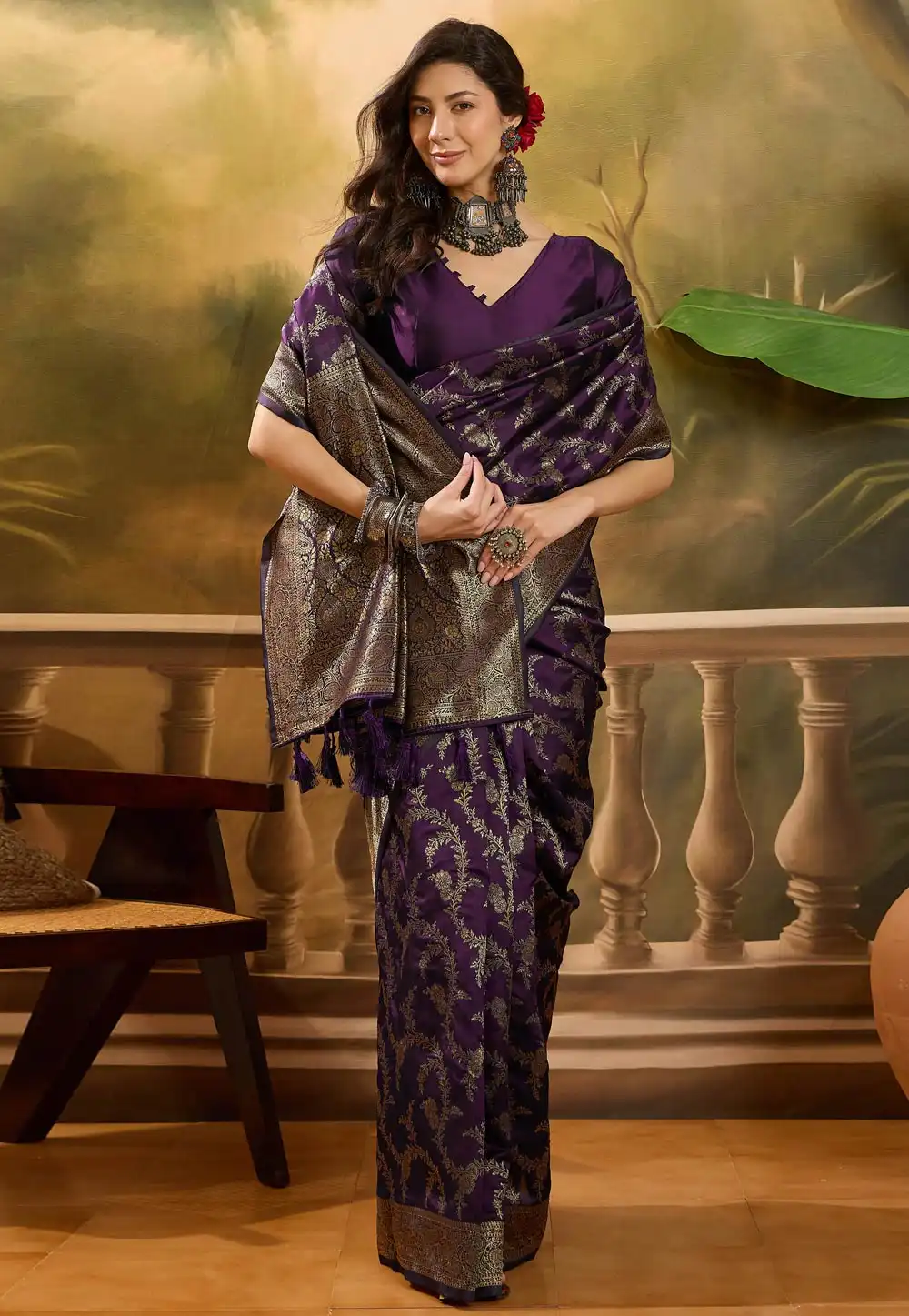 Wine Banarasi Jacquard Saree With Blouse 316797