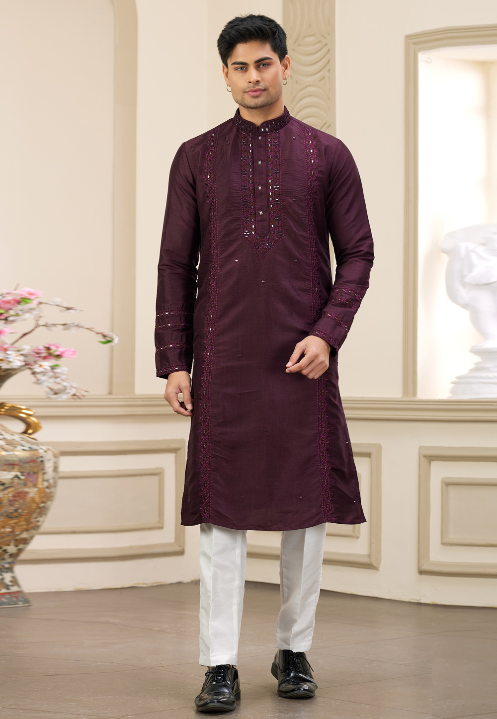 Wine Banarasi Kurta Pajama 308572
