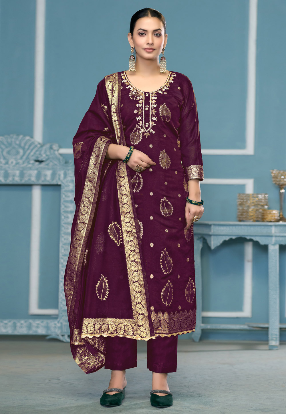 Wine Banarasi Pakistani Suit 306830