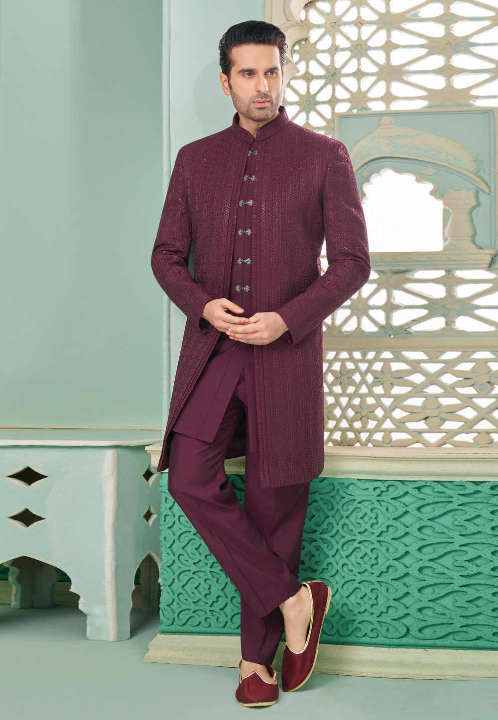 Wine Banarasi Silk Jacket Style Sherwani 285343