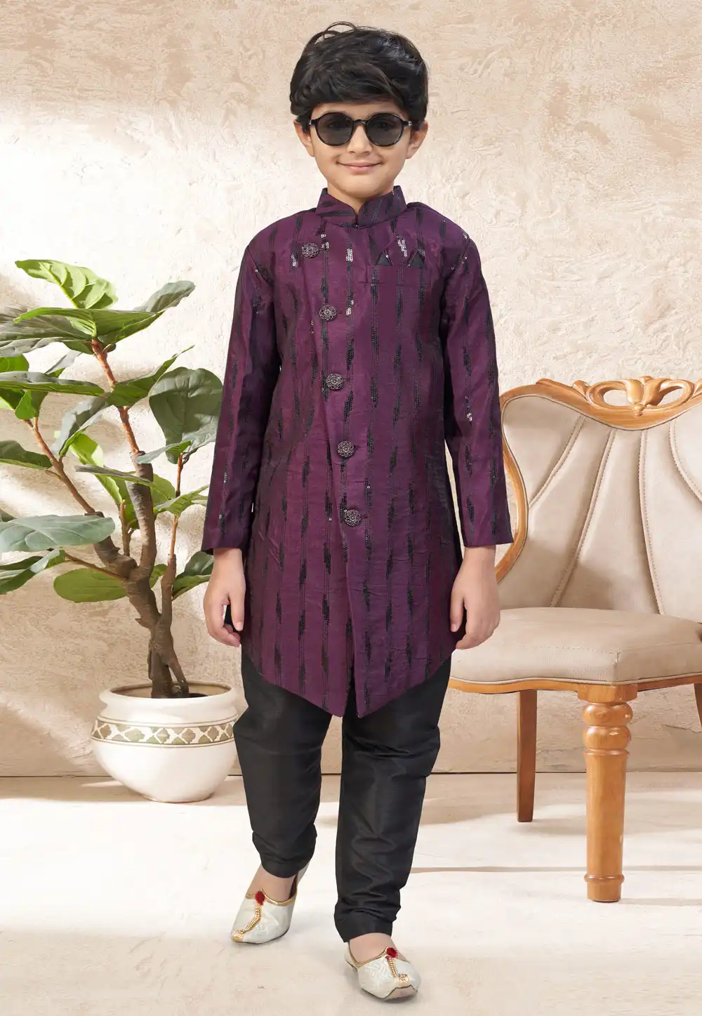 Wine Banarasi Silk Kids Indo Western Suit 328708