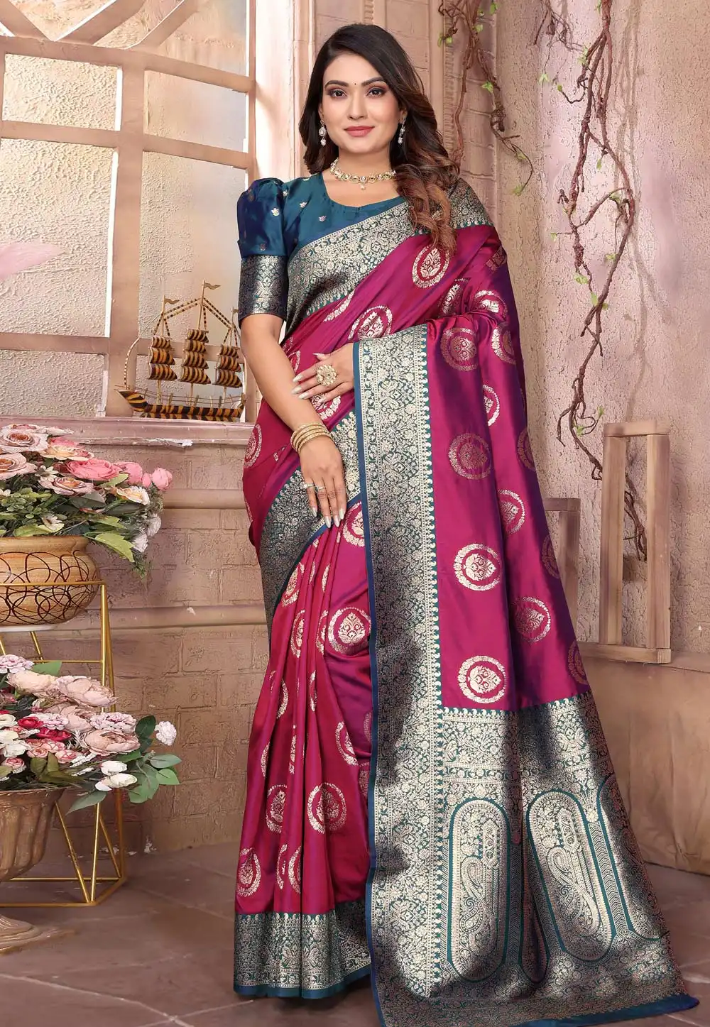 Wine Banarasi Silk Saree 313986