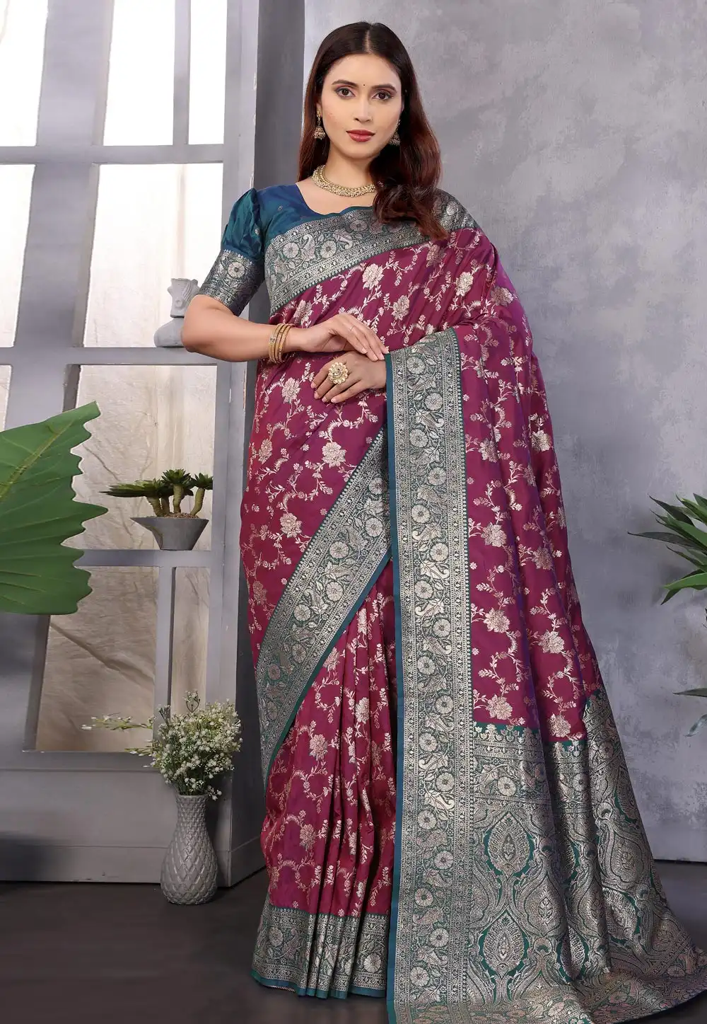 Wine Banarasi Silk Saree 313966