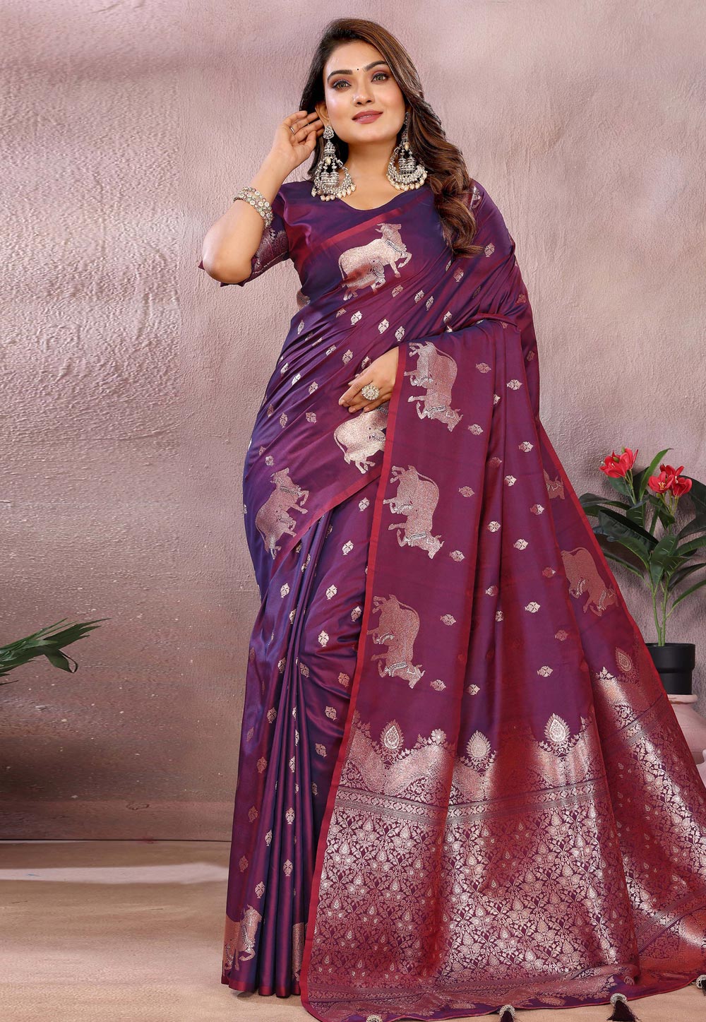 Wine Banarasi Silk Saree 312665