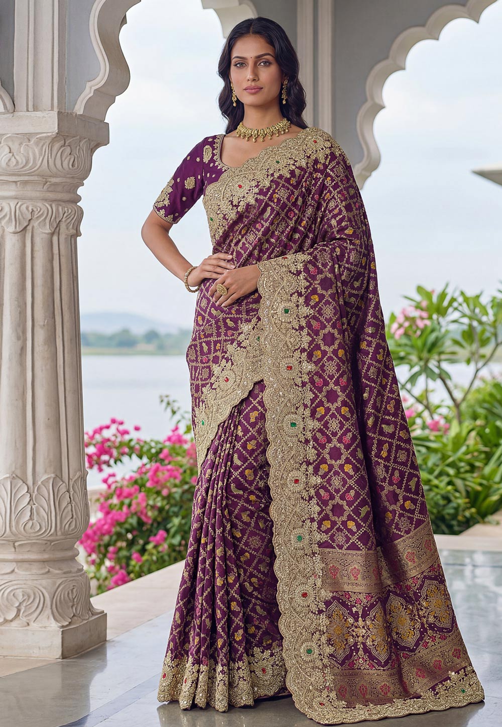 Wine Banarasi Silk Saree 327656