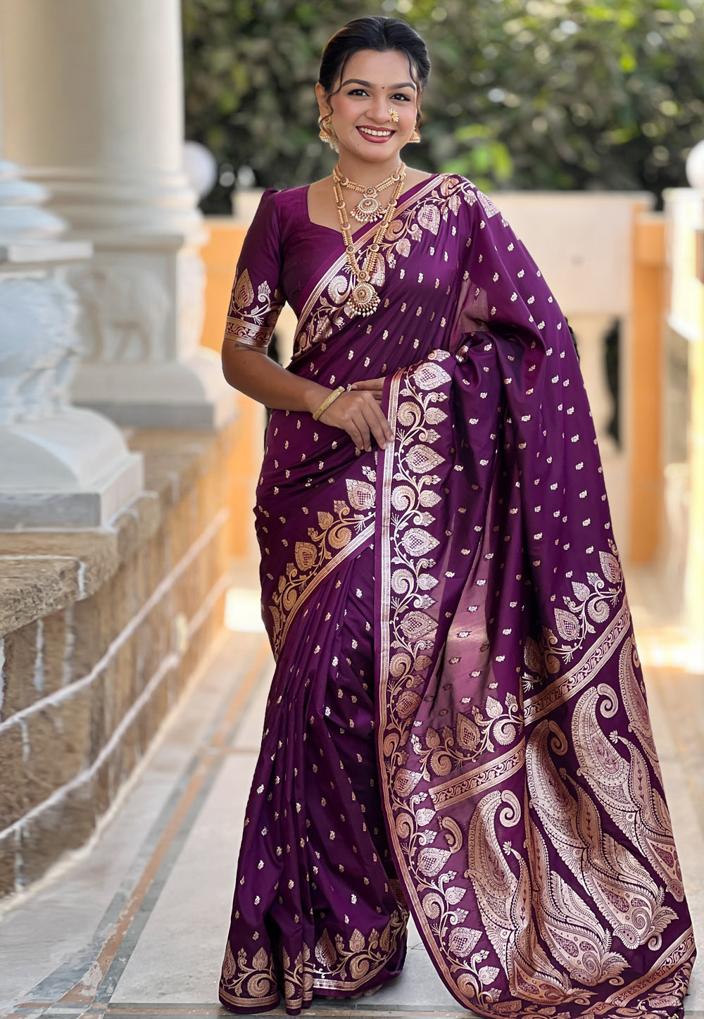 Wine Banarasi Silk Saree With Blouse 307750