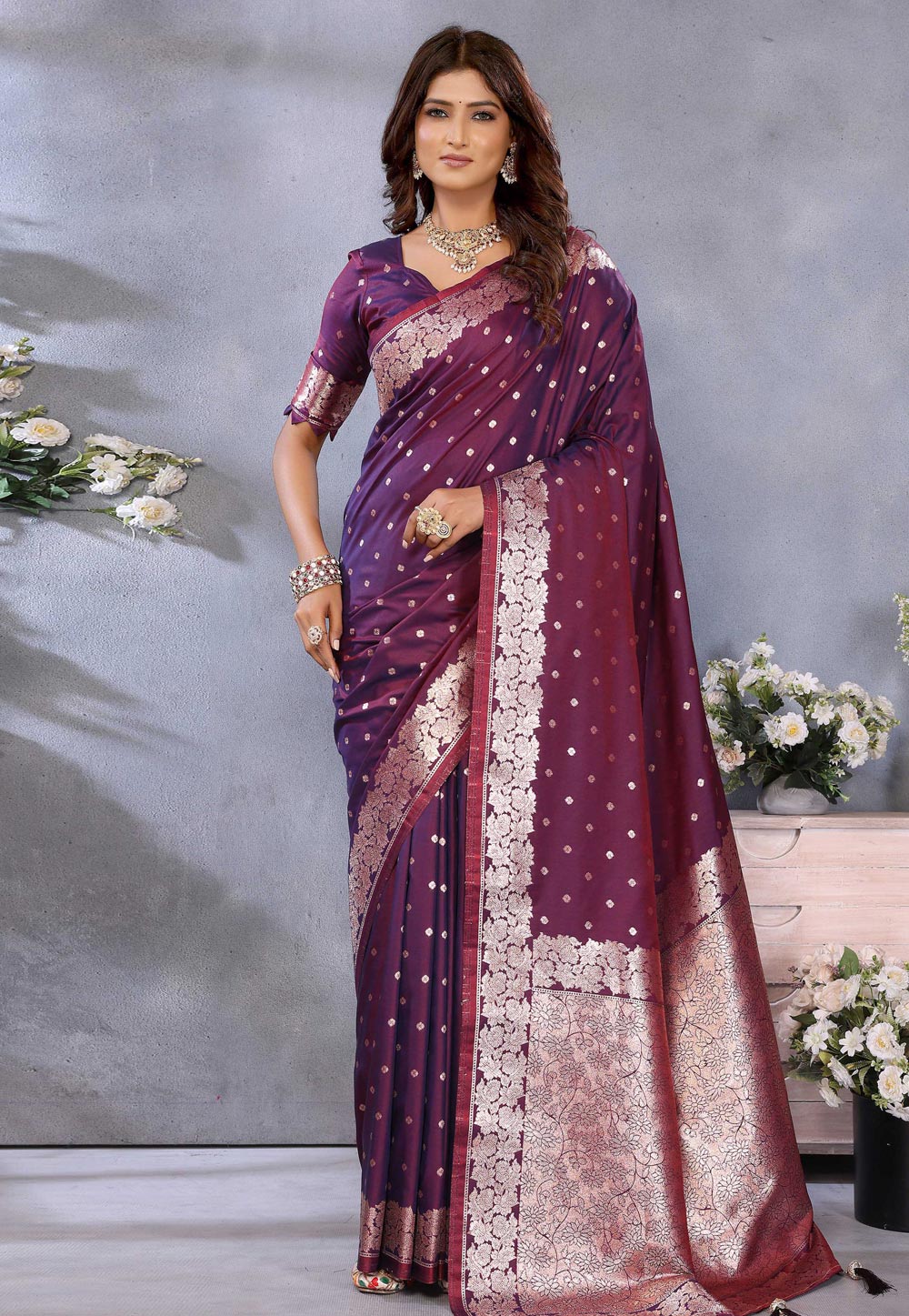 Wine Banarasi Silk Saree With Blouse 311620