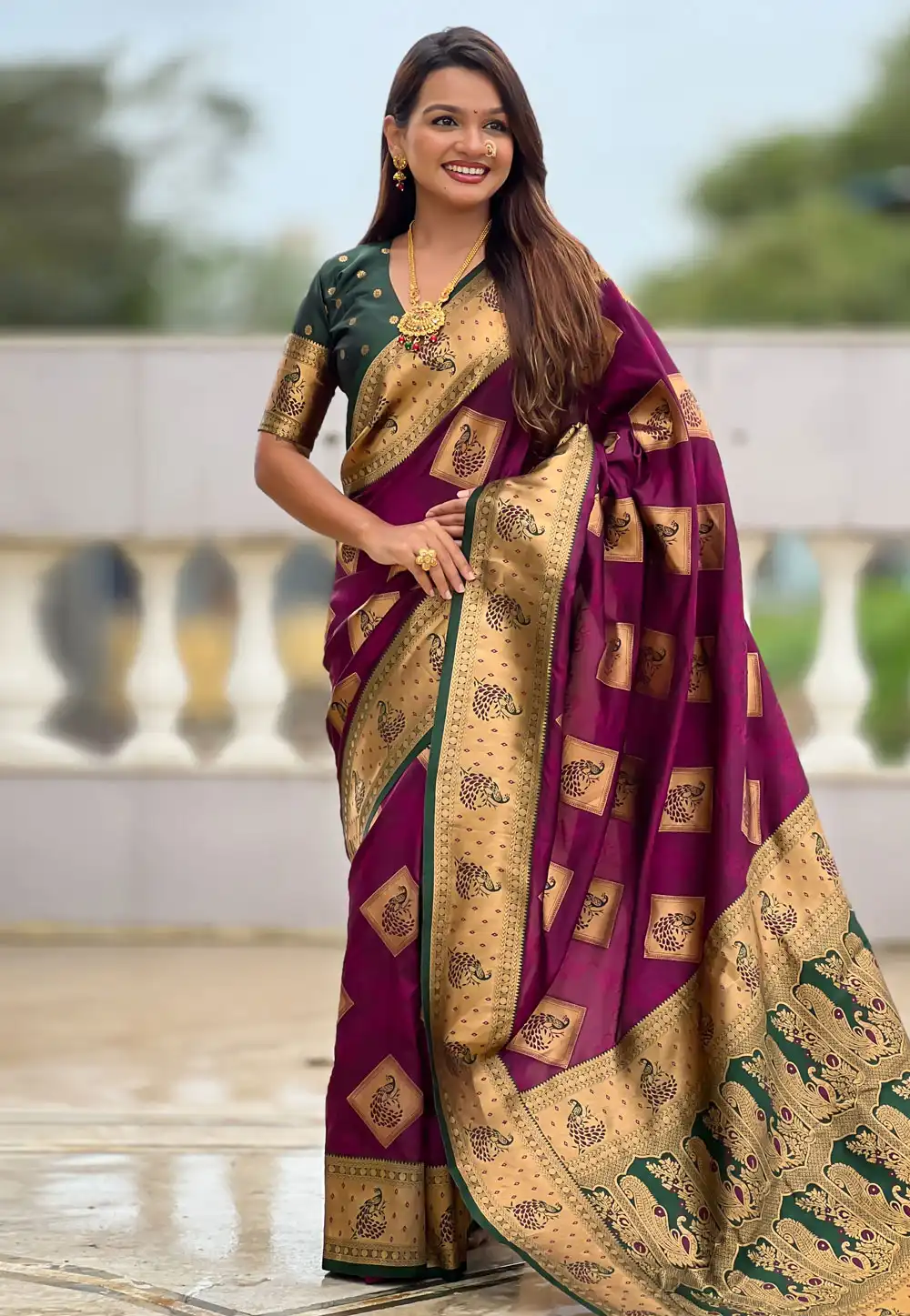 Wine Banarasi Silk Saree With Blouse 315351