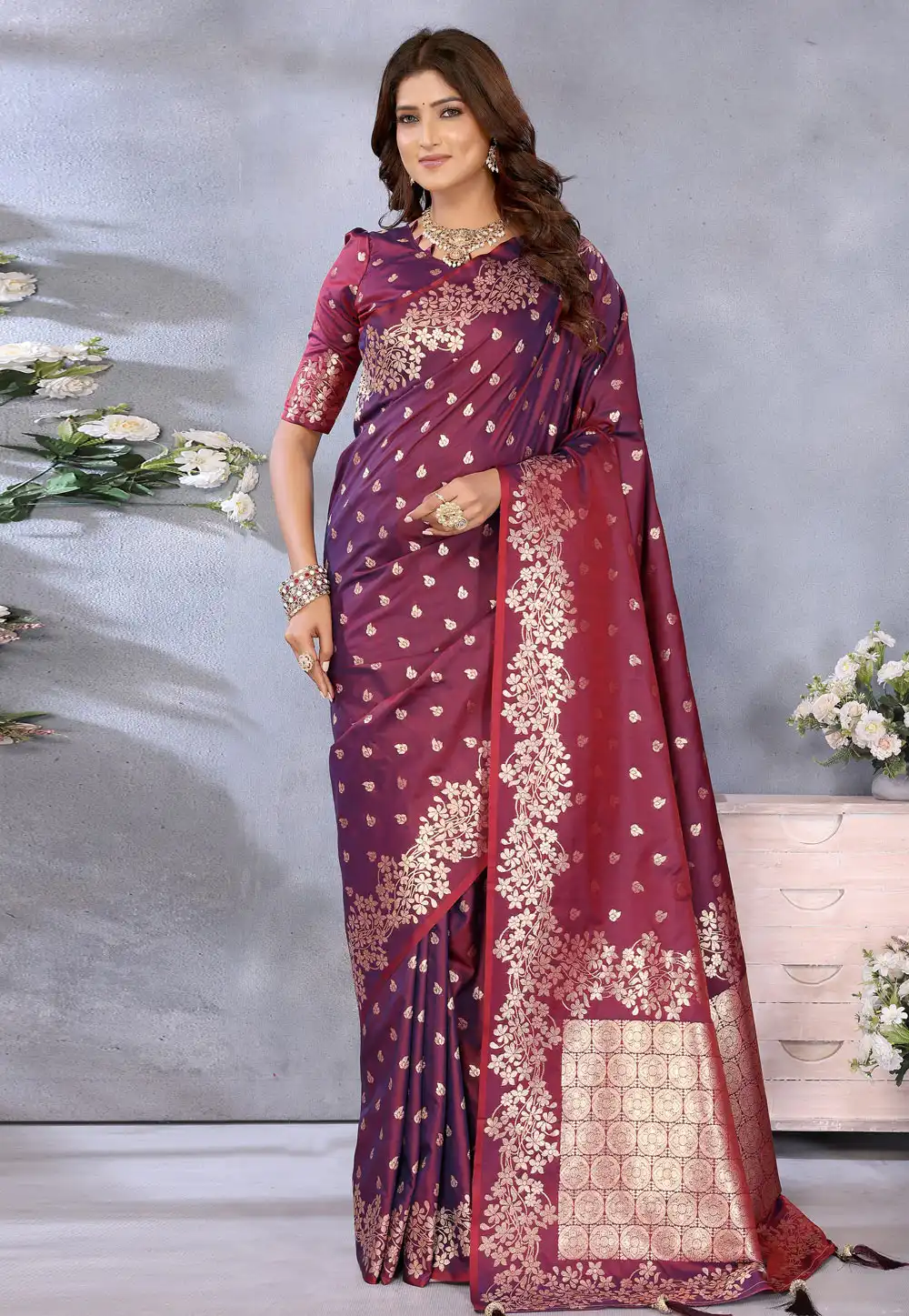 Wine Banarasi Silk Saree With Blouse 311448