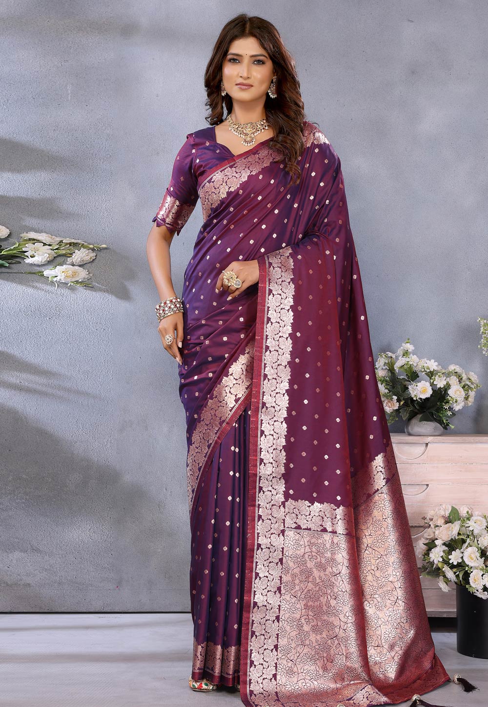 Wine Banarasi Silk Saree With Blouse 311777