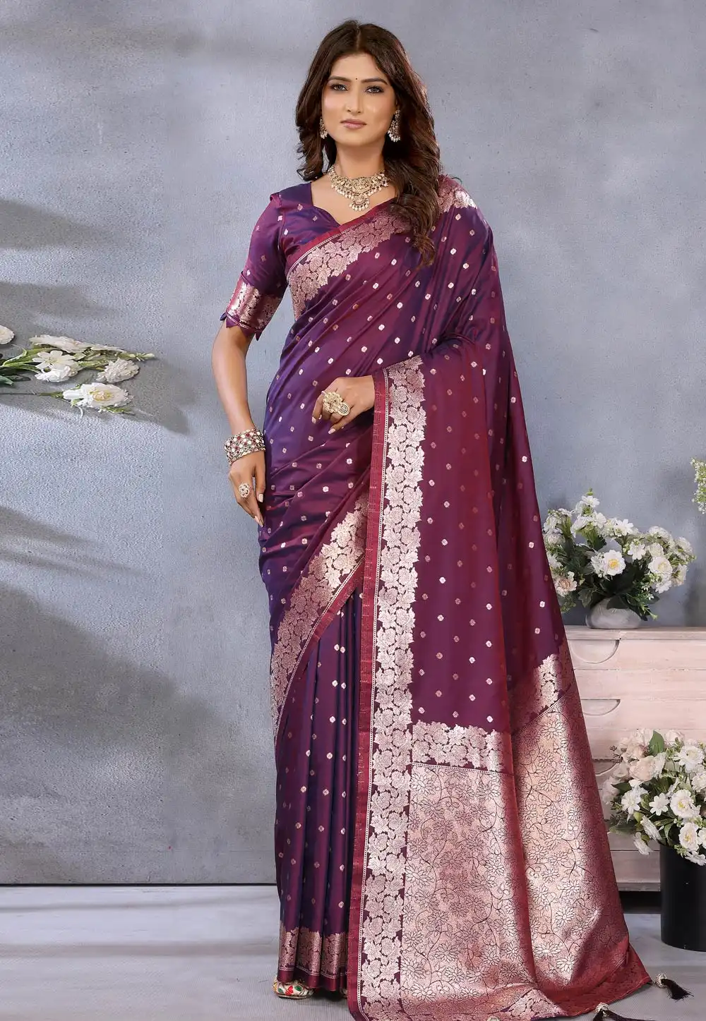 Wine Banarasi Silk Saree With Blouse 311777