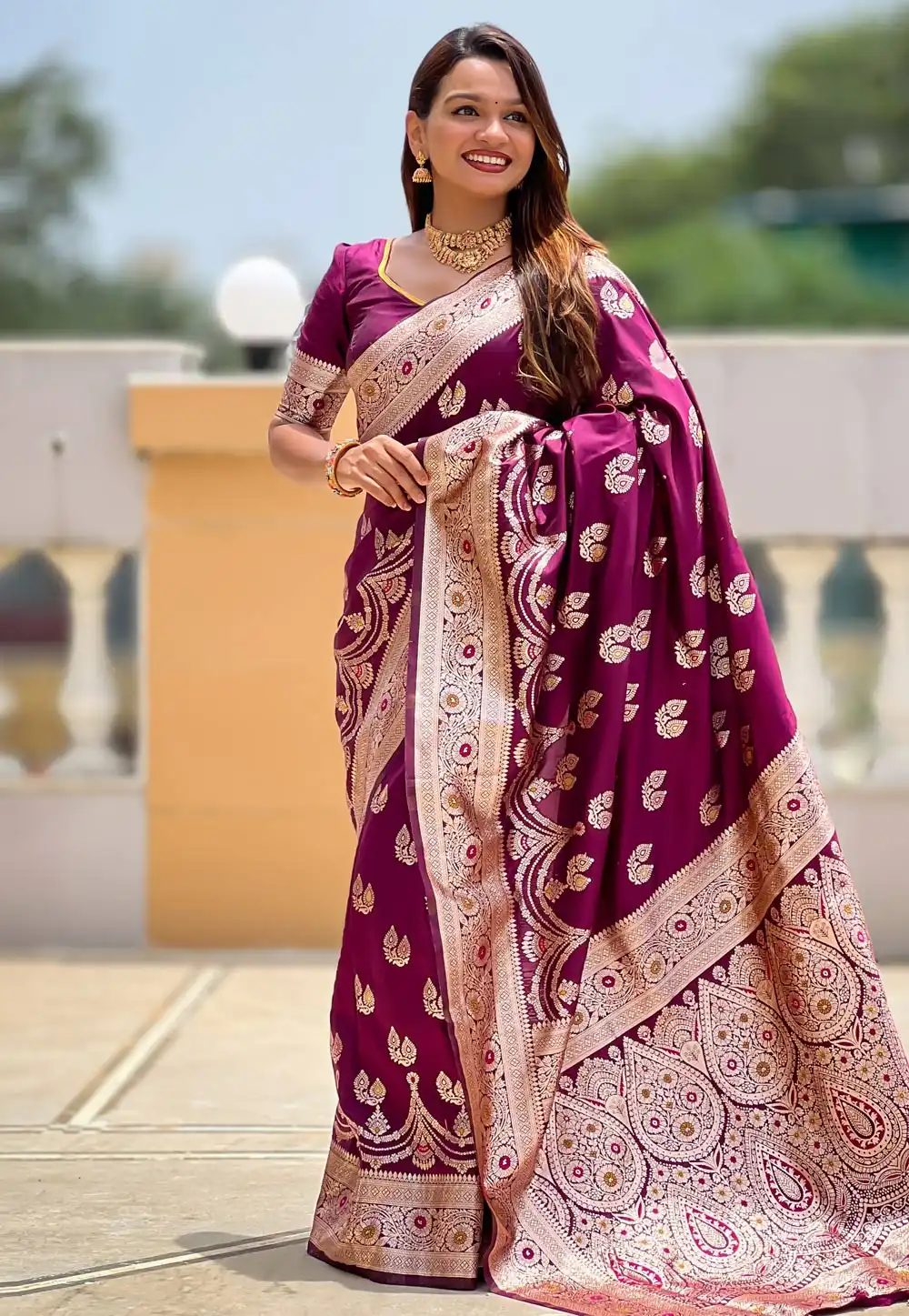 Wine Banarasi Silk Saree With Blouse 314776