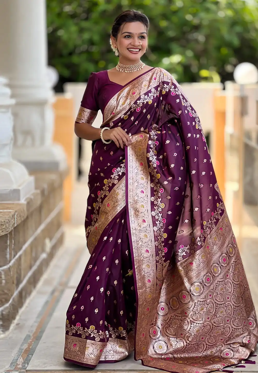 Wine Banarasi Silk Saree With Blouse 310576
