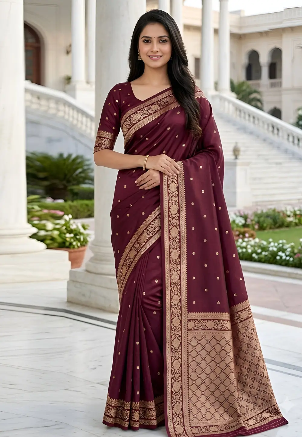 Wine Banarasi Silk Saree With Blouse 333280