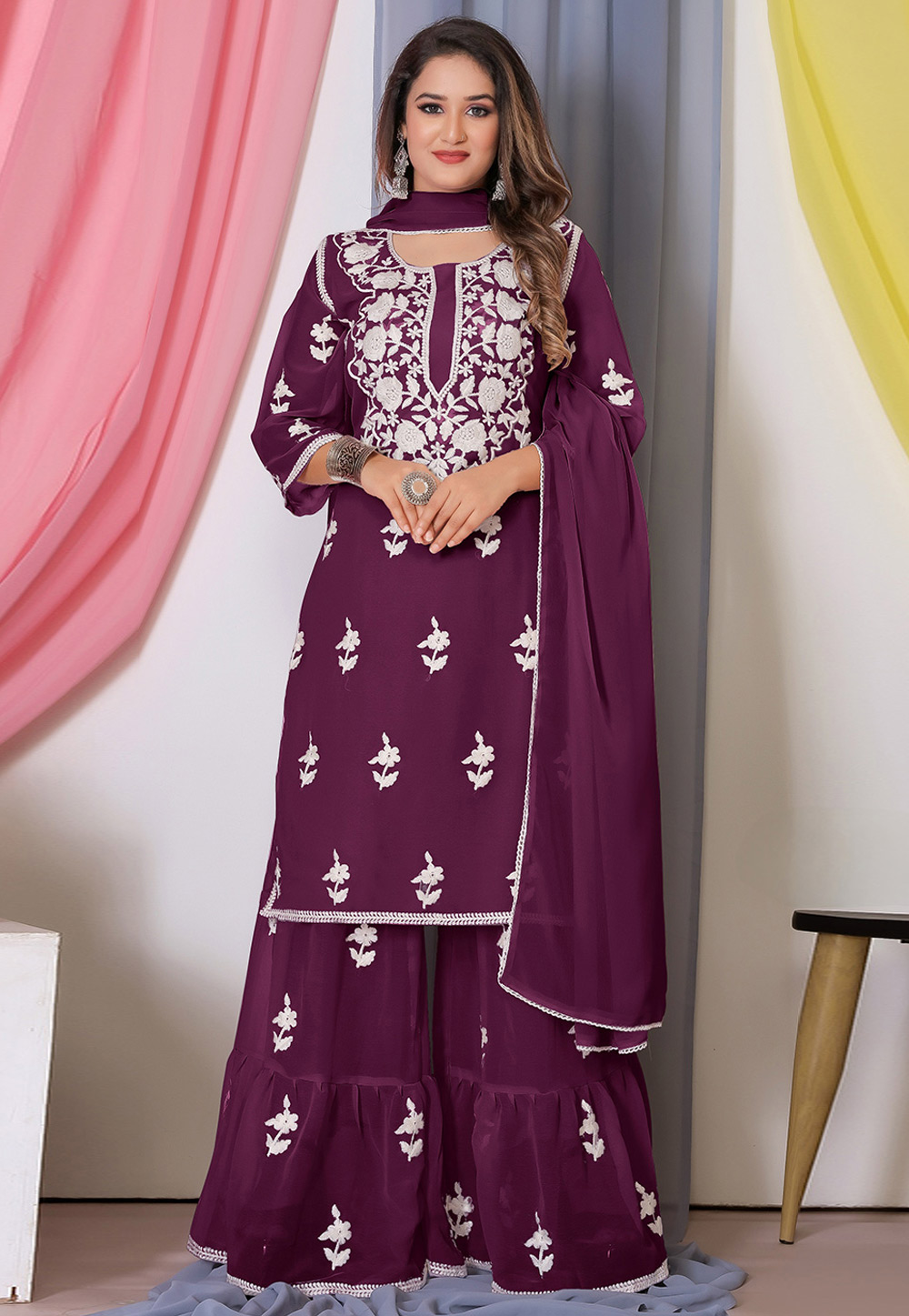 Wine Bemberg Georgette Sharara Suit 283069