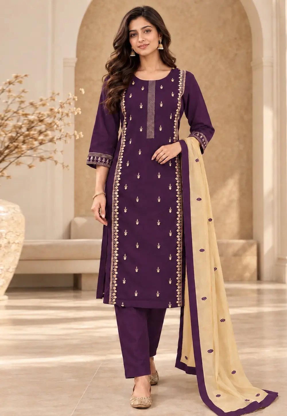 Wine Cambric Cotton Readymade Pant Style Suit 337048