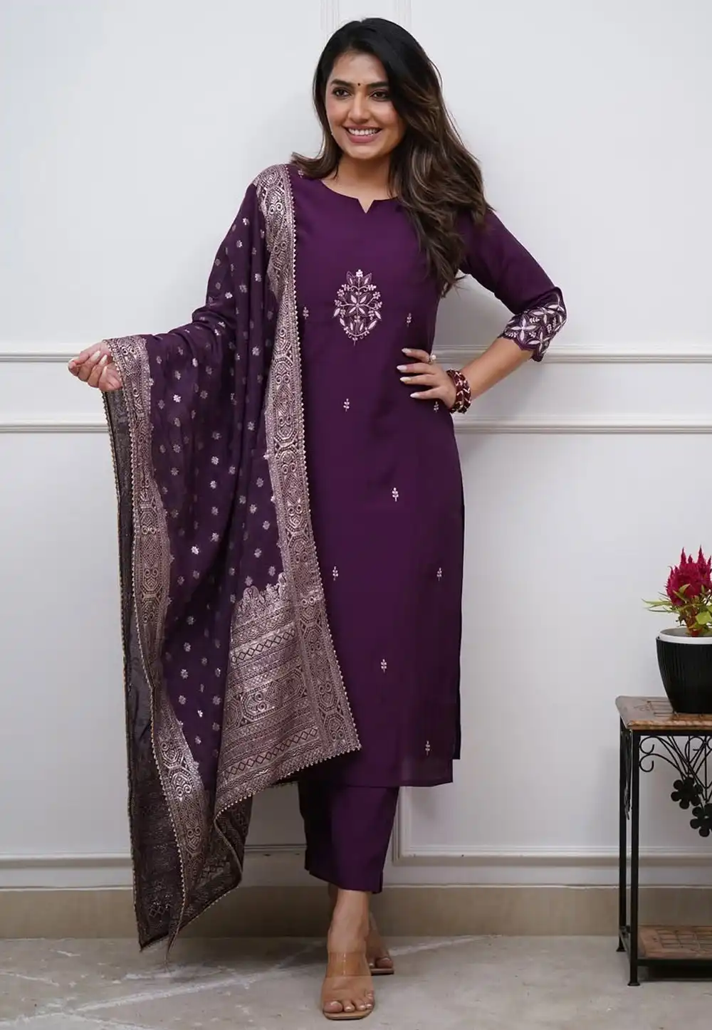 Wine Chanderi Readymade Pakistani Suit 315143