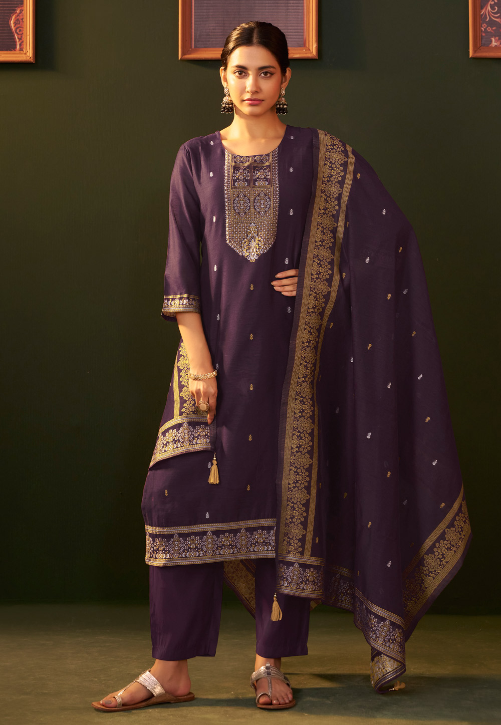 Wine Chanderi Readymade Pakistani Suit 321809