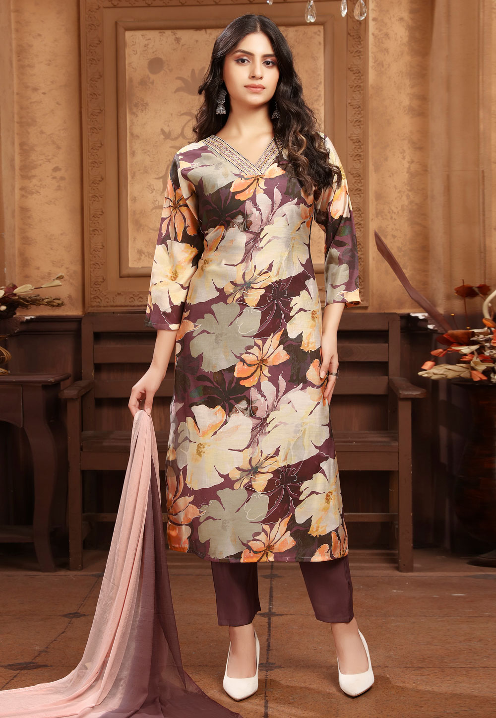 Wine Chanderi Readymade Pant Style Suit 327410