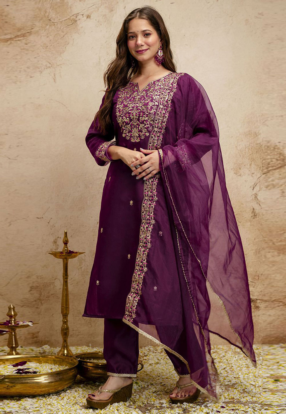 Wine Chanderi Readymade Pant Style Suit 328803