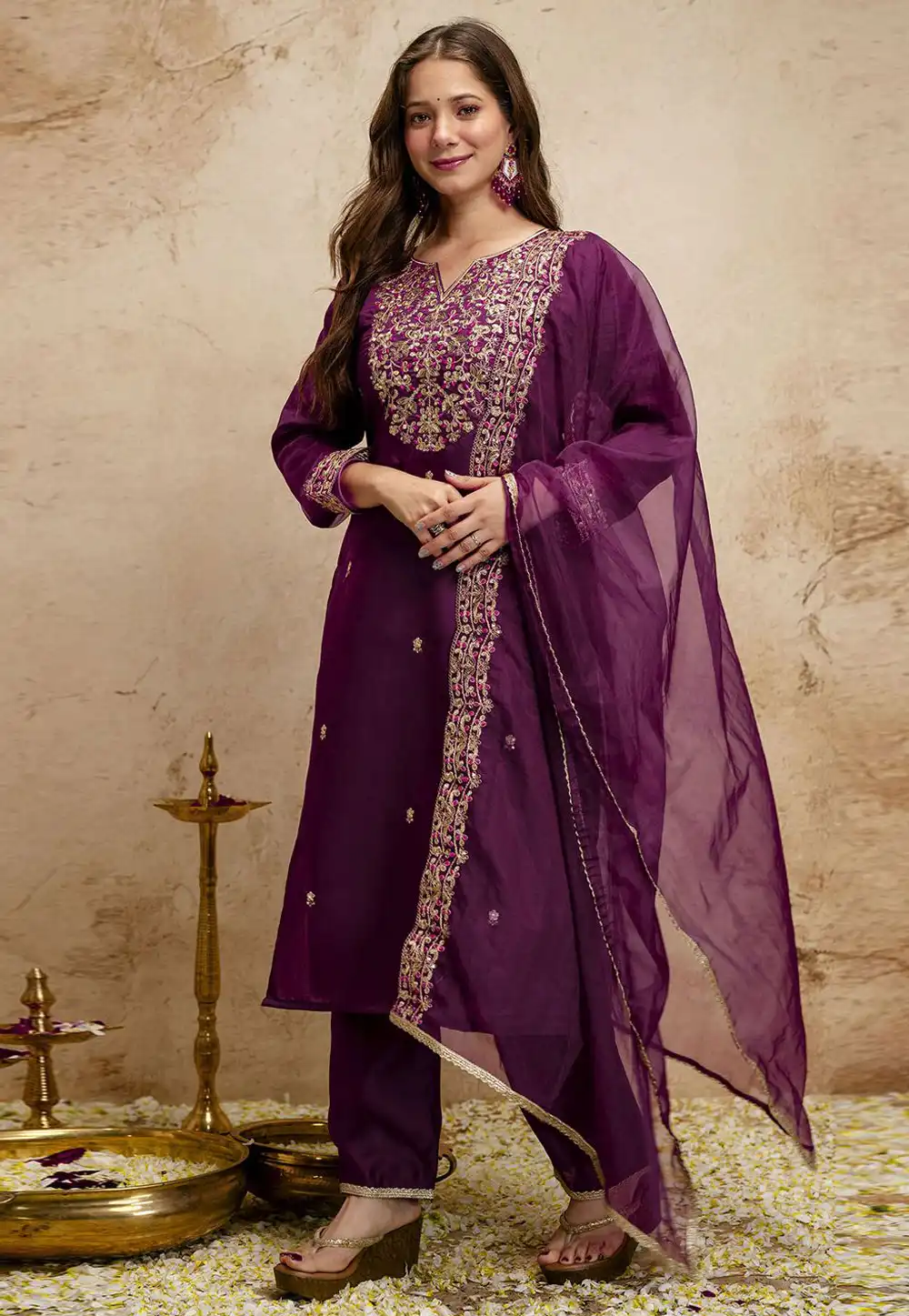 Wine Chanderi Readymade Pant Style Suit 328803