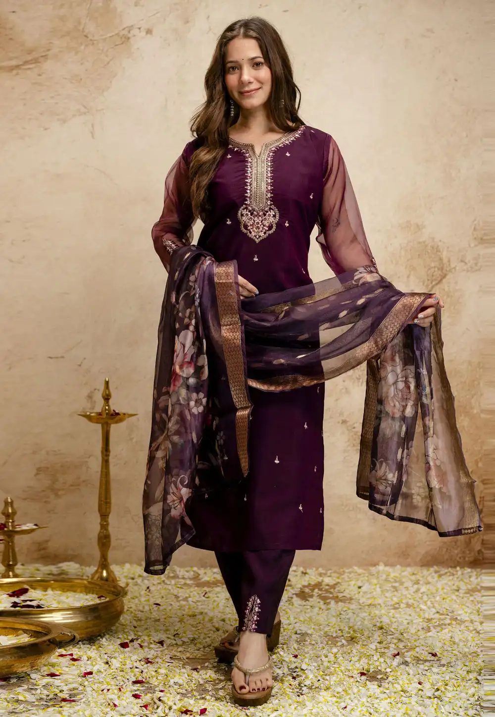 Wine Chanderi Readymade Pant Style Suit 328807