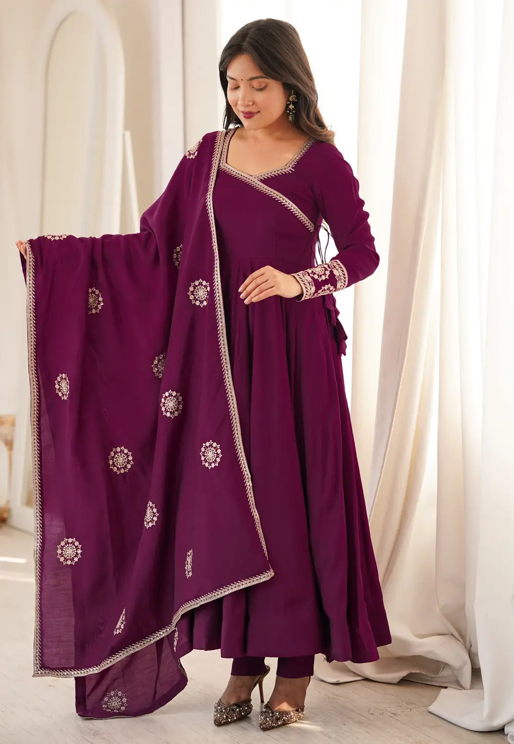 Wine Chanderi Silk Readymade Anarkali Suit 334759