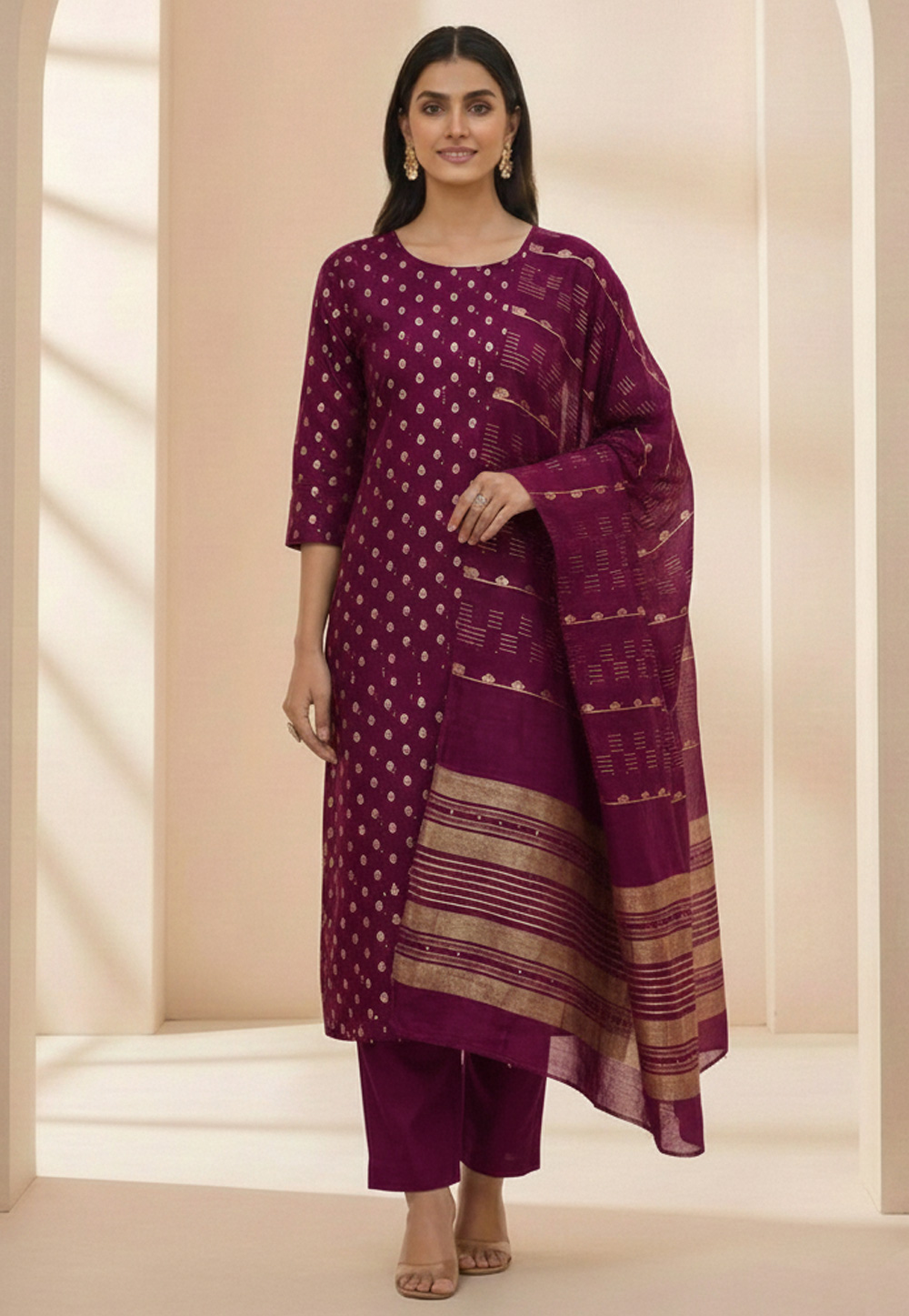 Wine Chanderi Silk Straight Suit 322603