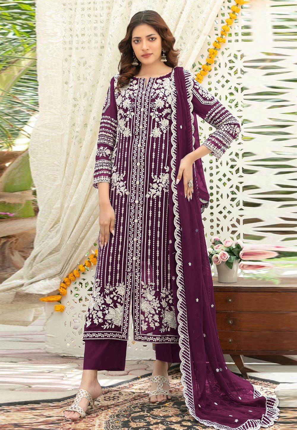 Wine Chiffon Pakistani Suit 329677