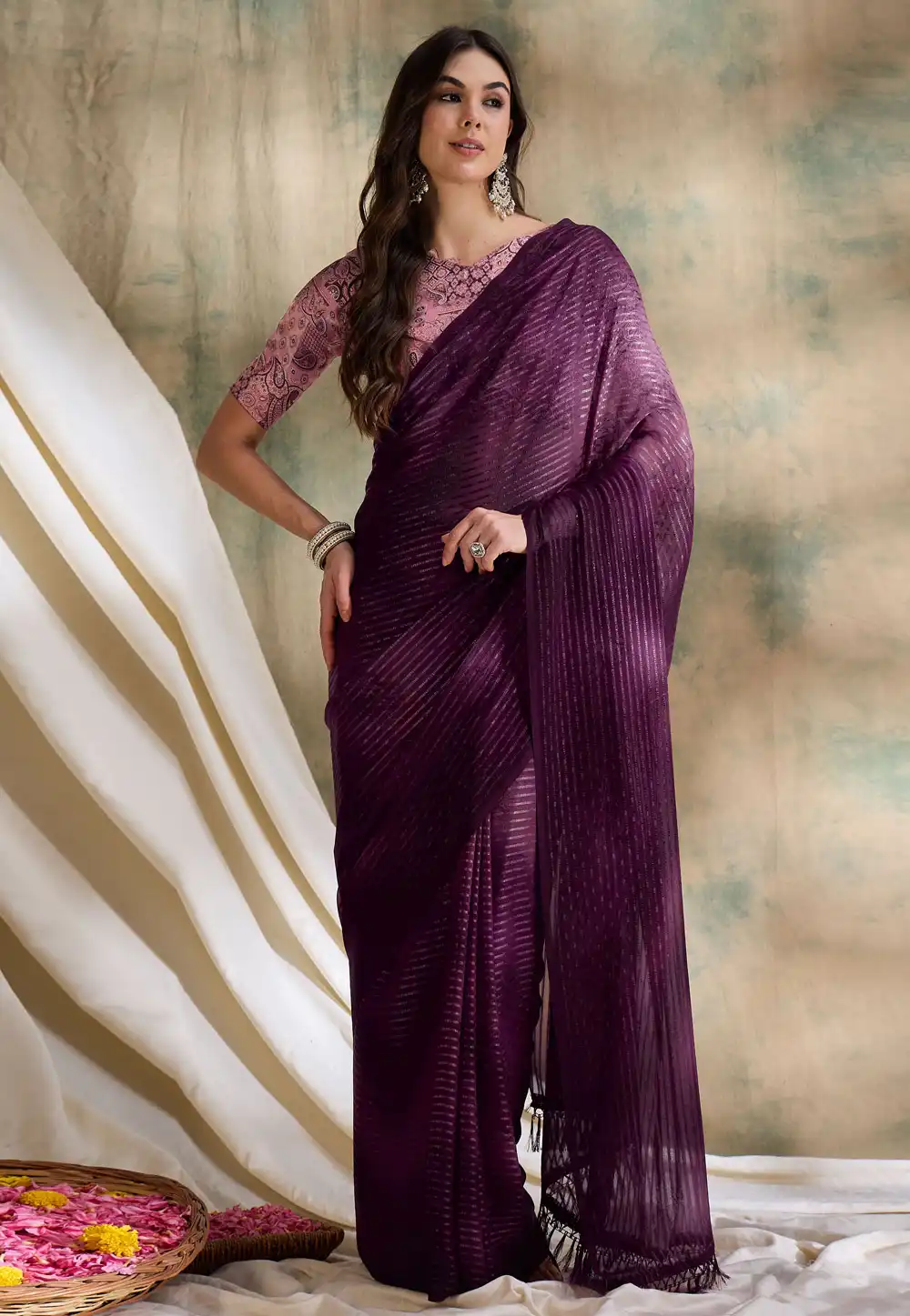 Wine Chiffon Saree With Blouse 320294