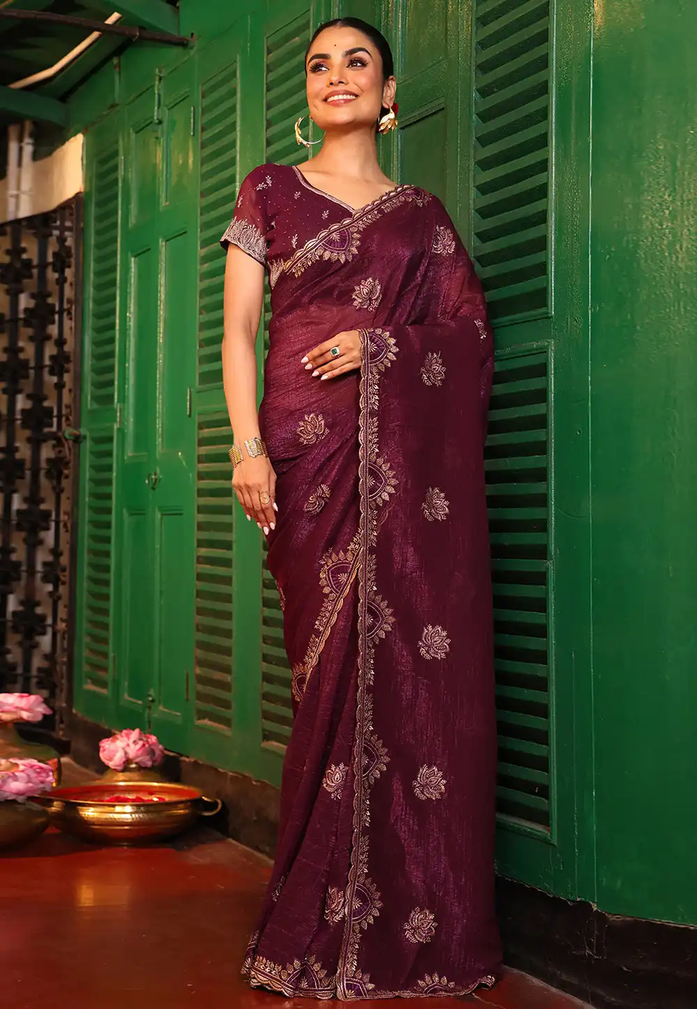 Wine Chiffon Saree With Blouse 319840