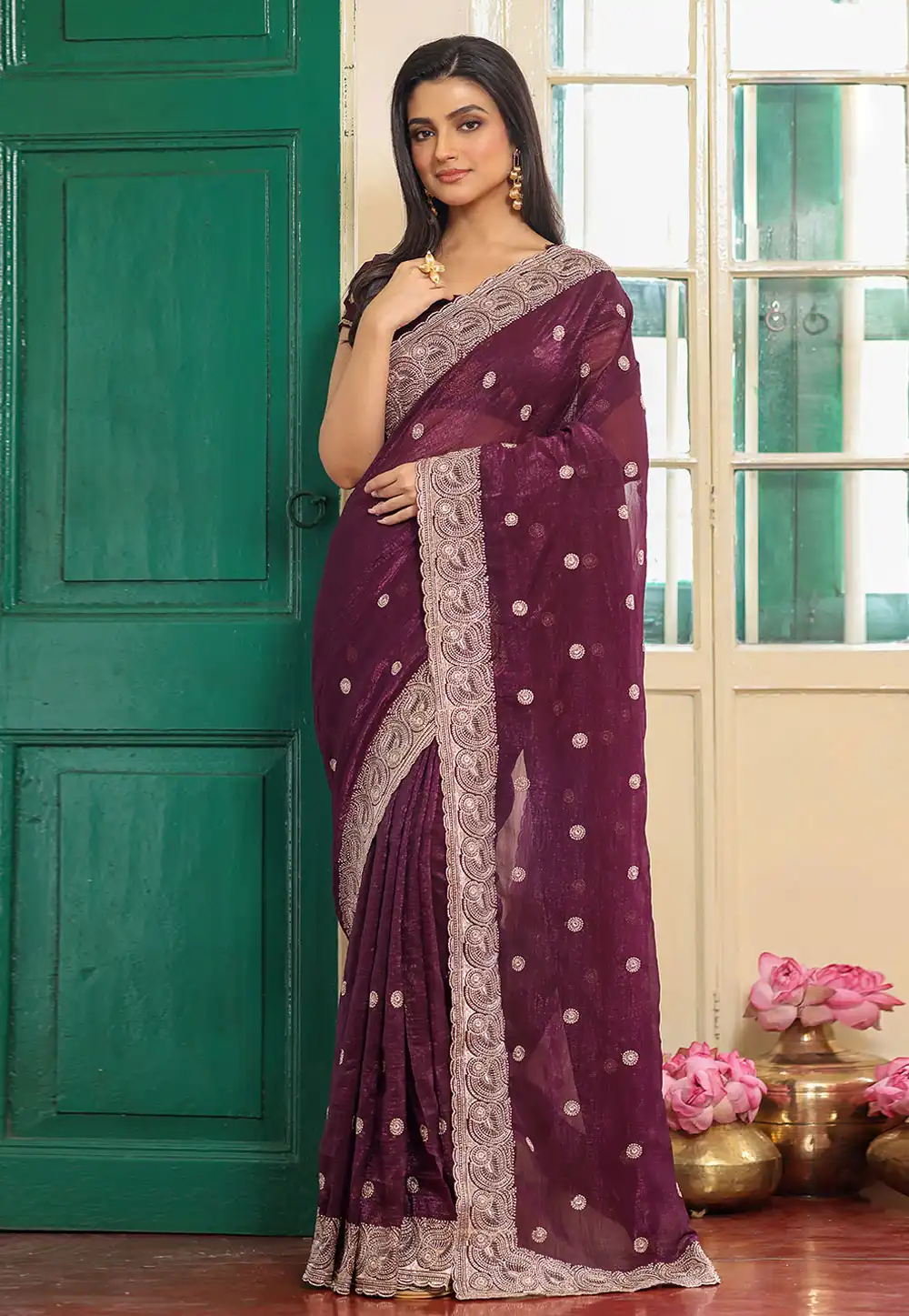Wine Chiffon Saree With Blouse 320114