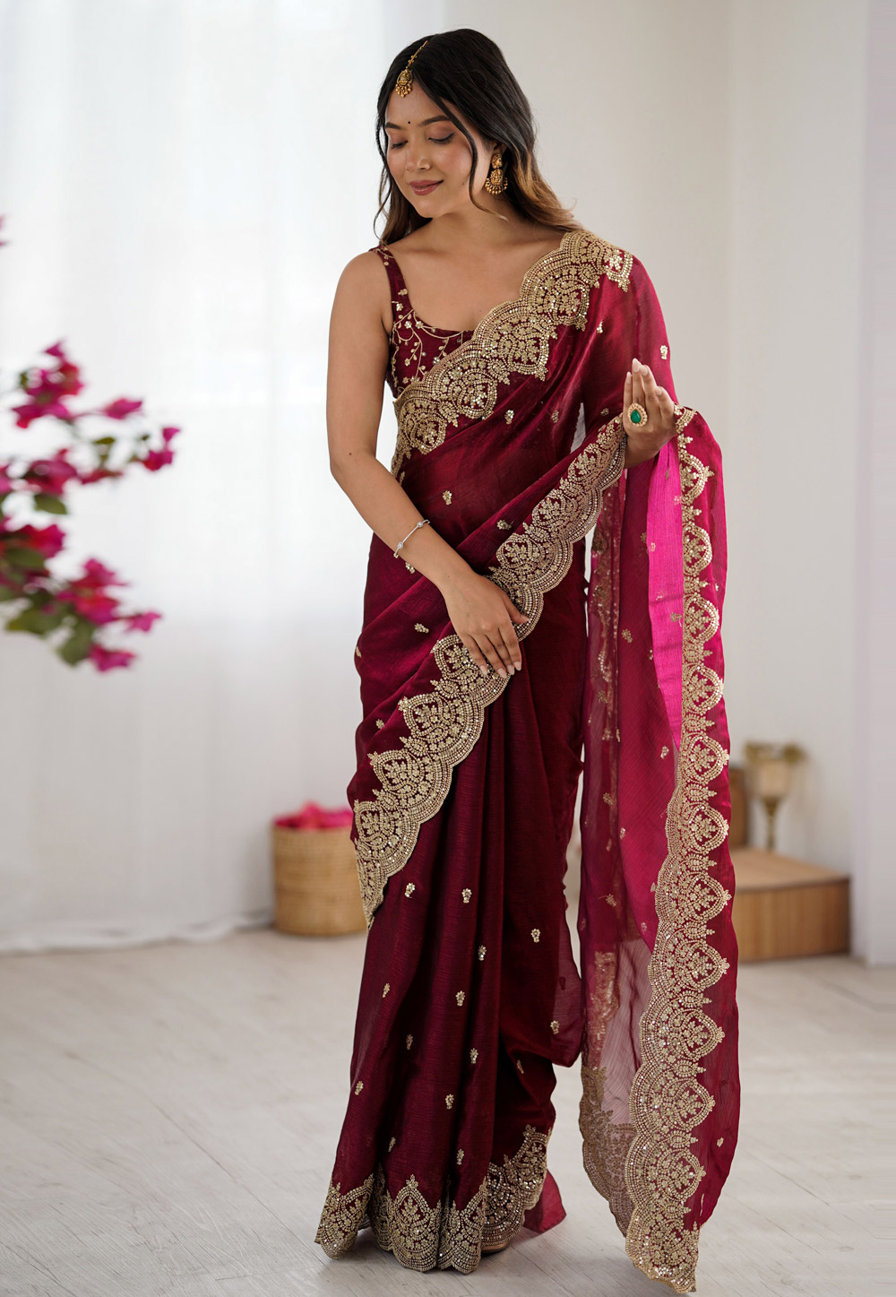 Wine Chiffon Saree With Blouse 323201