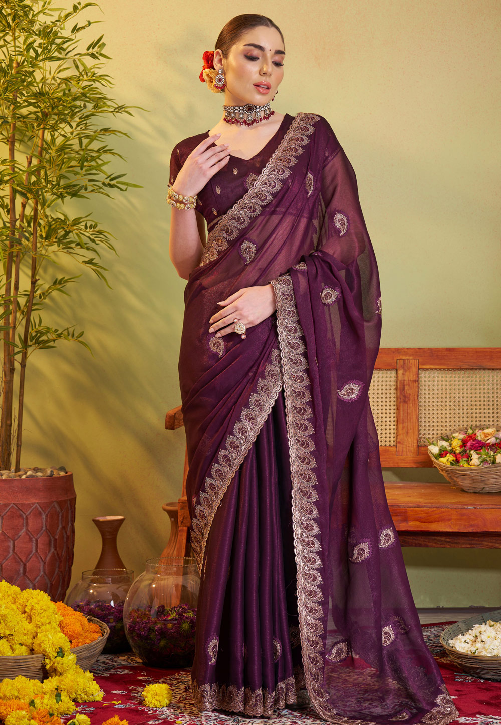 Wine Chiffon Saree With Blouse 306947