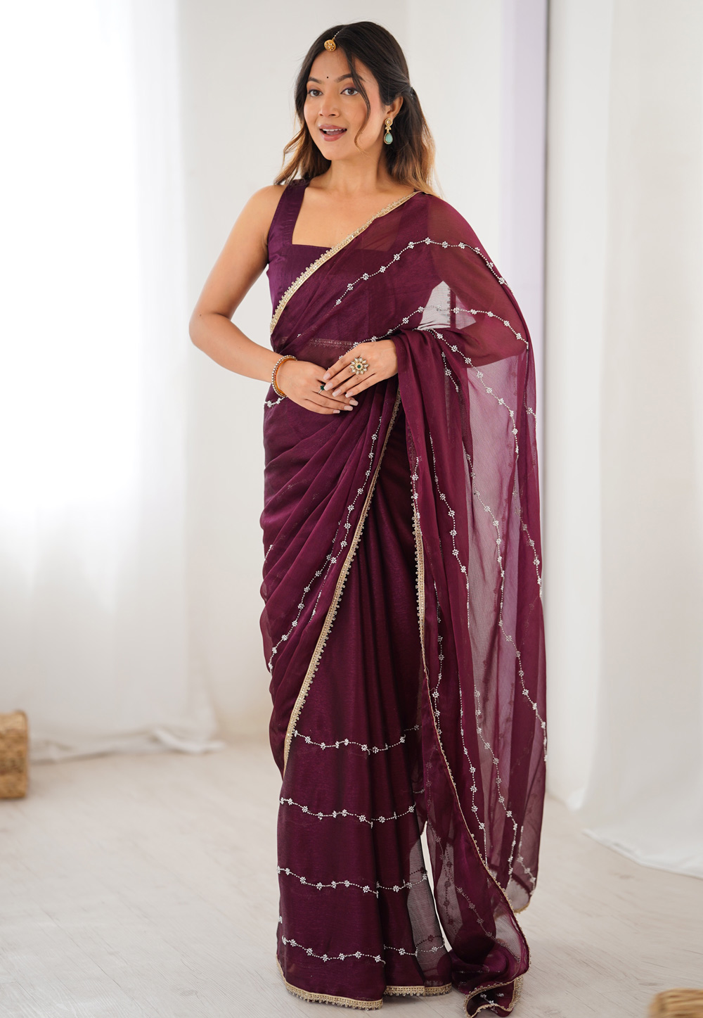 Wine Chiffon Saree With Blouse 311181